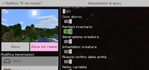 Mantieni inventario Minecraft Bedrock