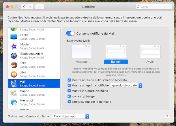 Preferenze notifiche Mail macOS