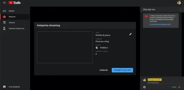 Live su YouTube da PC
