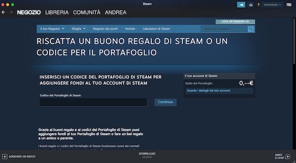 Come riscattare un codice del Portafoglio su Steam