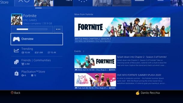 Menu di avvio di Fortnite su PS4