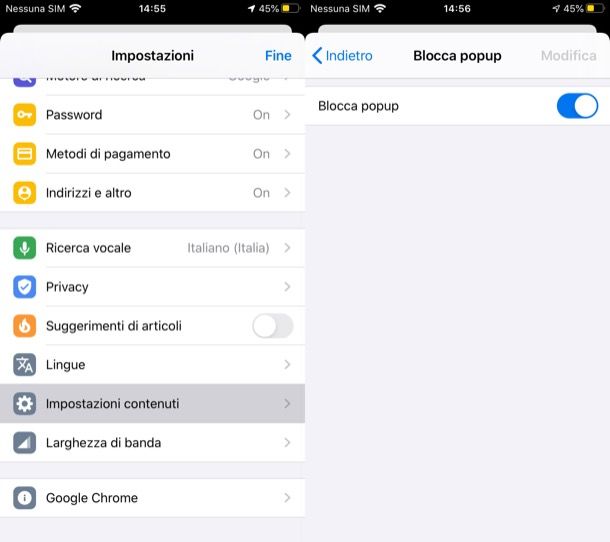 Blocco popup Chrome iPhone