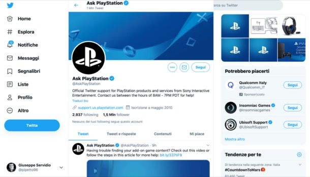 Supporto PlayStation su Twitter