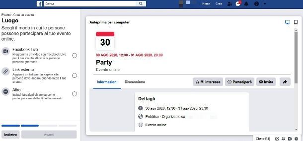 Scelta del tipo di evento online su Facebook