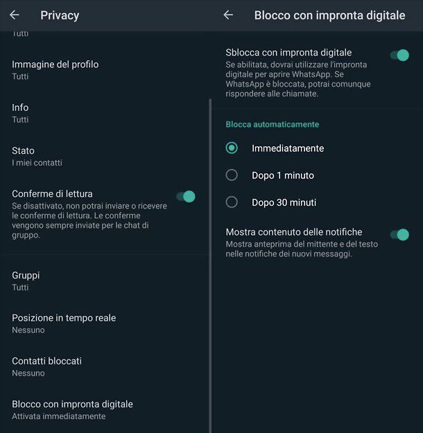 Blocco impronta WhatsApp Android