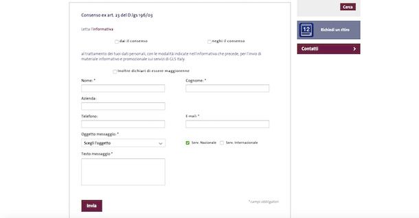 Modulo email GLS online 