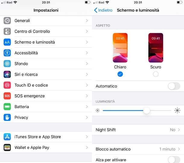 Impostazioni luminosità iPhone
