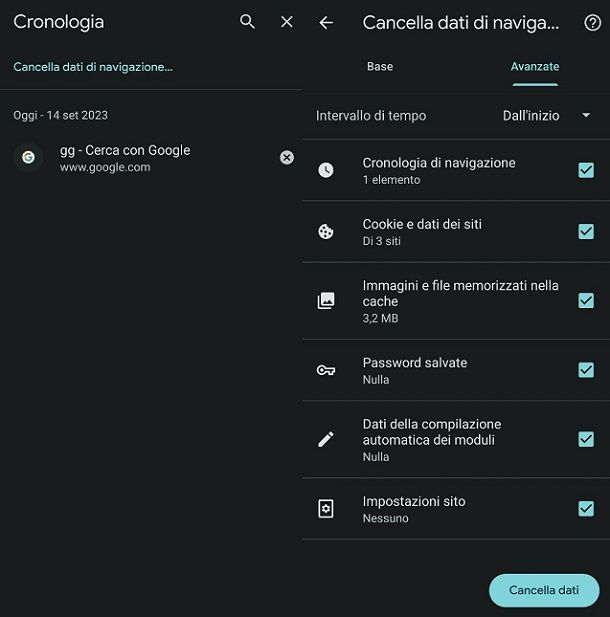 Cancella dati di navigazione Google Chrome Android