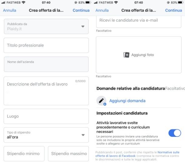Annuncio lavoro Facebook