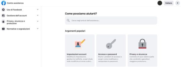 Centro assistenza di Facebook