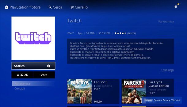 Installazione app Twitch PS4