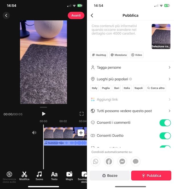 Editing video TikTok su iPhone