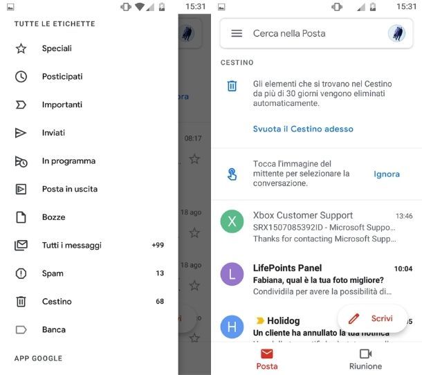 Cestino email Gmail Android
