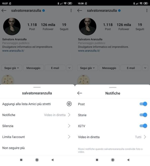 Attivare notifiche account Instagram