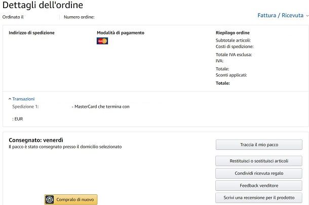 Dettagli ordine amazon