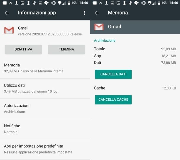 Eliminare cache app Gmail