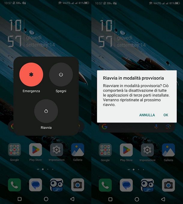 Riavvia modalità provvisoria Android