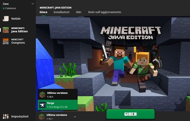 Selezionare profilo Forge Minecraft