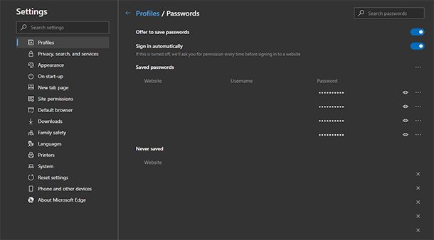 password Microsoft Edge