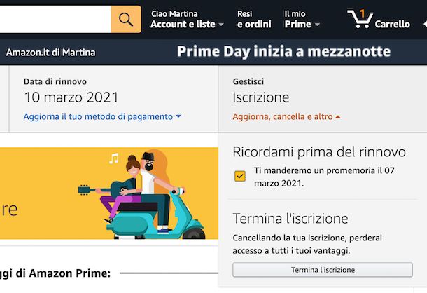 Disattivazione Amazon Prime