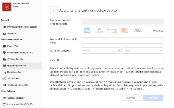 Aggiungi carta di credito PC PS4