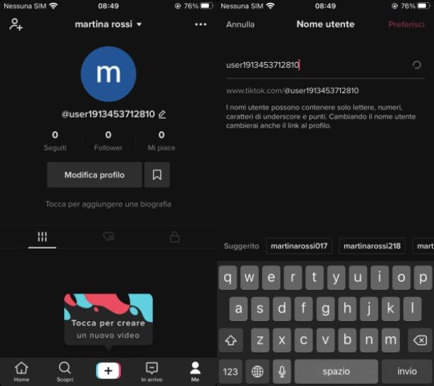 Modifica nome utente tiktok