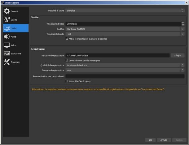 Configurare OBS per la registrazione