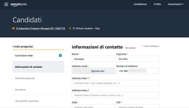 Informazioni di contatto per candidatura Amazon