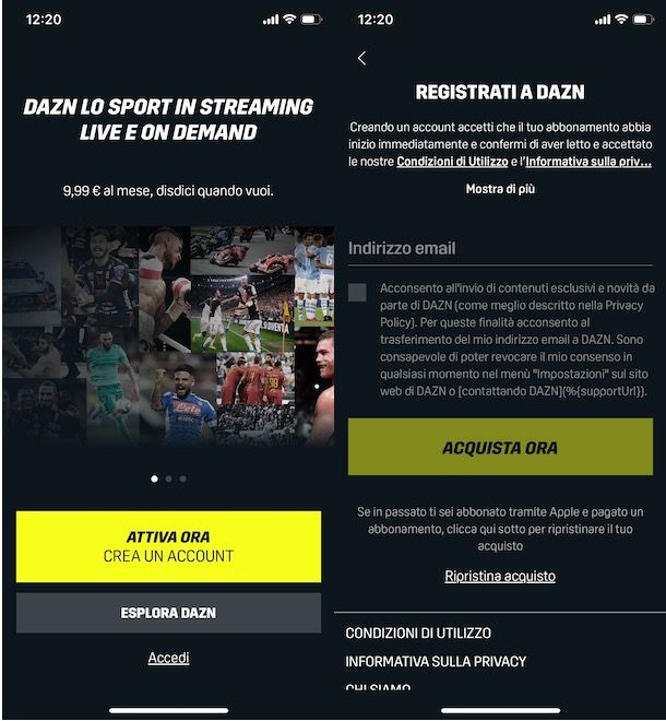 Attivare DAZN da app