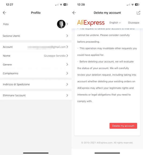 Cancellare account AliExpress da app