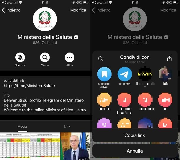 Condividere canale pubblico Telegram su iPhone