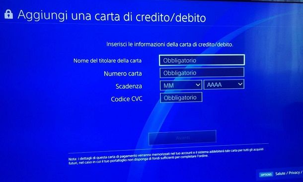 Aggiungere carta di credito PS4