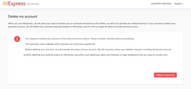 Come cancellare account AliExpress