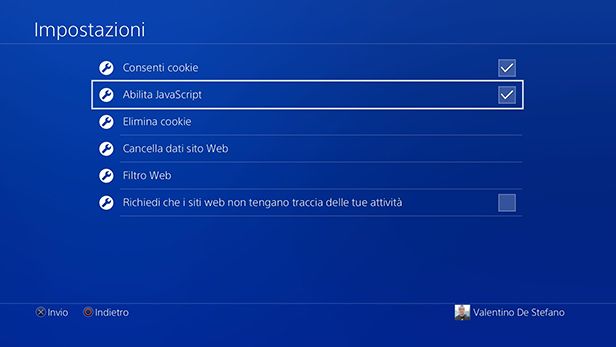 Impostazioni browser PS4