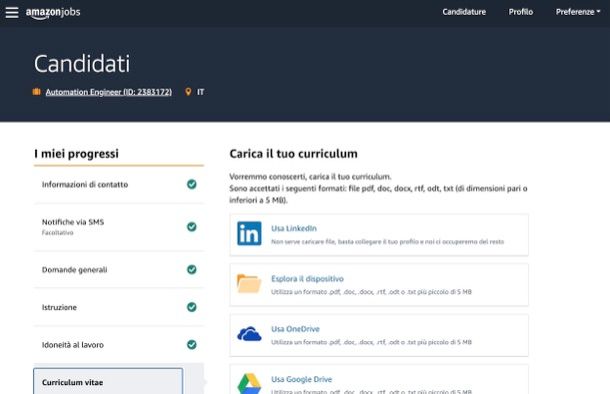 Caricare curriculum Amazon