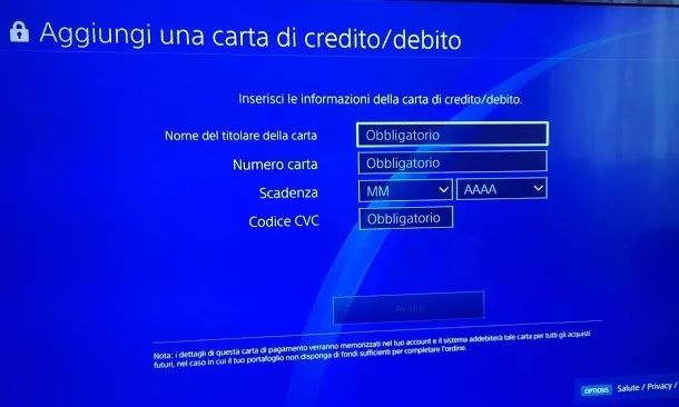 Aggiungi una carta di credito PS4