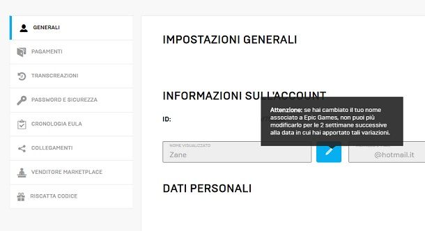 Informazioni cambio nickname Epic Games