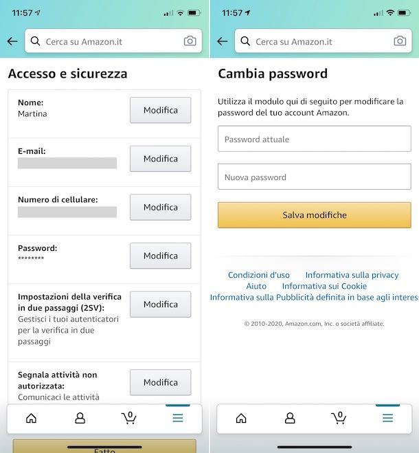 Cambio password app Amazon