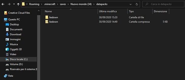 Cartella datapack Minecraft