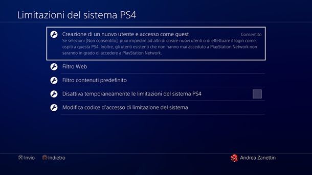 Limitazioni del sistema PlayStation 4