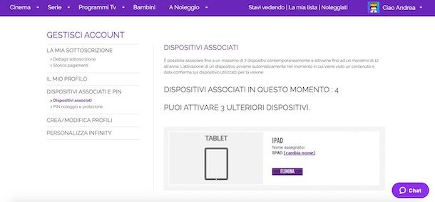 Come eliminare un dispositivi su Infinity