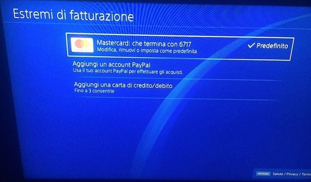 Rimuovi carta di credito PS4