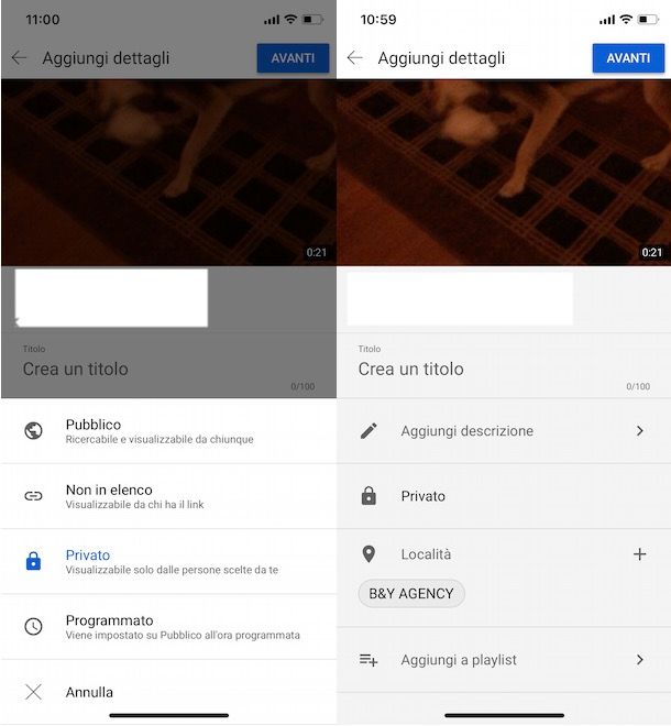 Caricare un video privato su YouTube da app