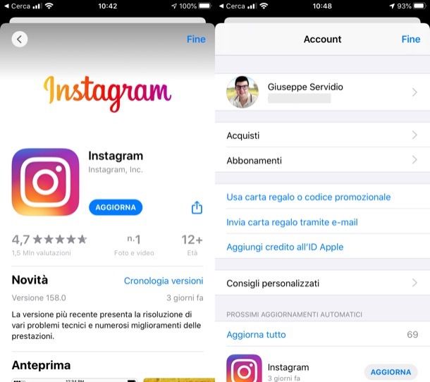 Aggiornare Instagram su iOS