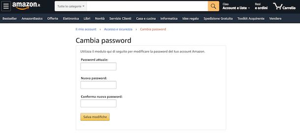 Cambio password sito Amazon