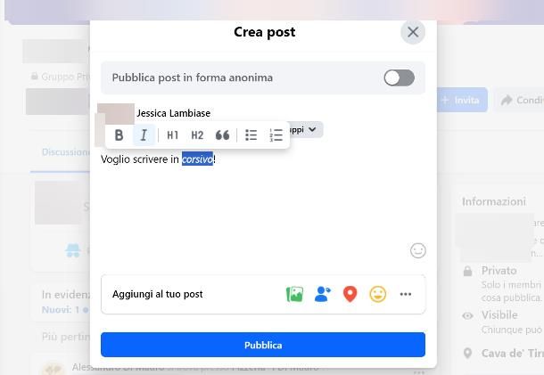 Come scrivere su Facebook in corsivo