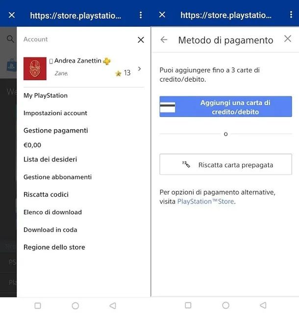 Aggiungi carta di credito PlayStation App