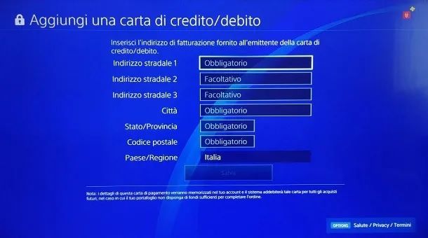 Modulo carta di Credito PS4