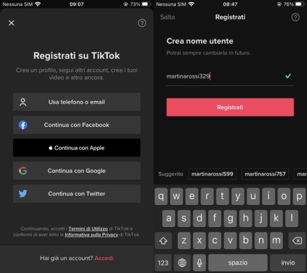 Registrazione nome utente tiktok