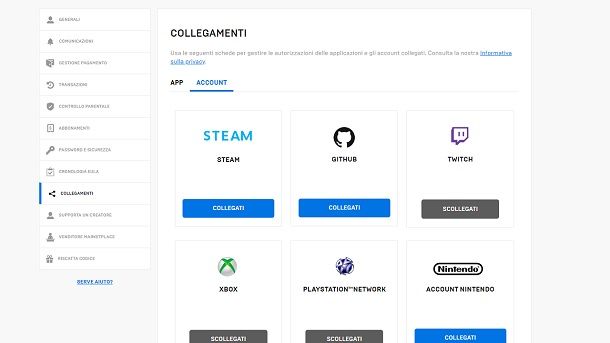Collegamenti Account Epic Games